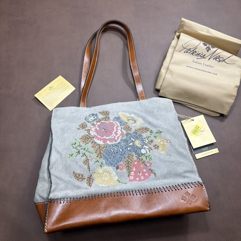 PATRICIA NASH Cross Stitch Tote Bag Shoulder Needle Point Waxed Floral Motif New